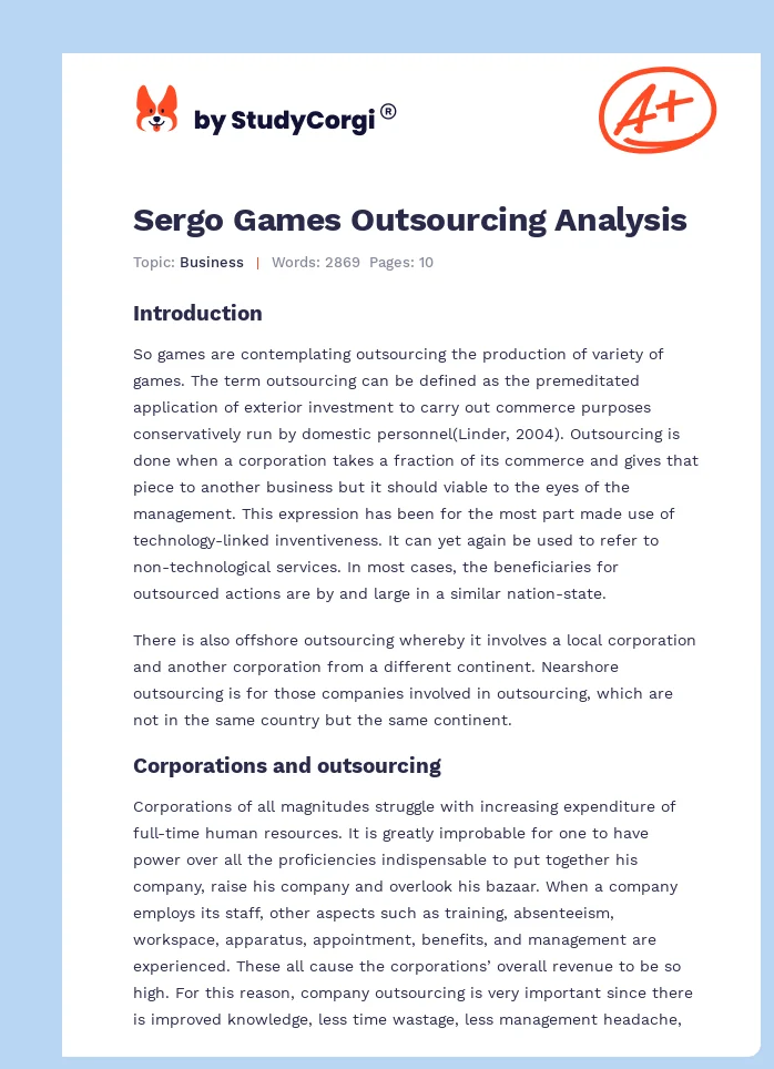 Sergo Games Outsourcing Analysis. Page 1