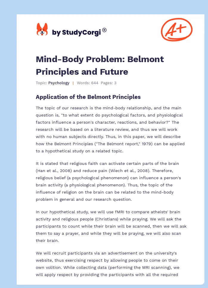 Mind-Body Problem: Belmont Principles and Future. Page 1