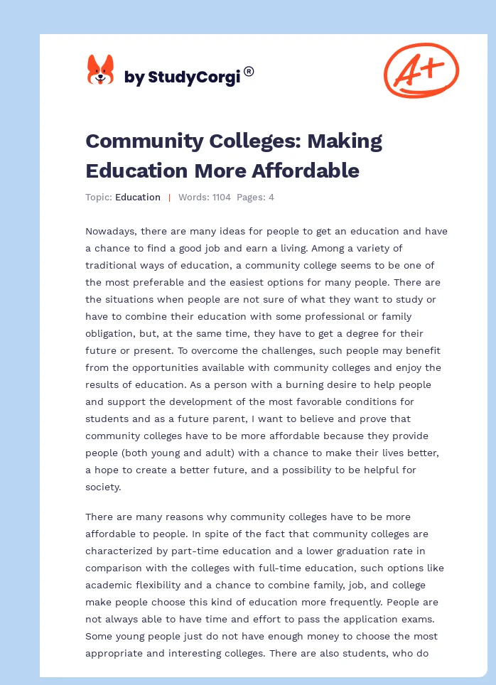 Community Colleges: Making Education More Affordable. Page 1