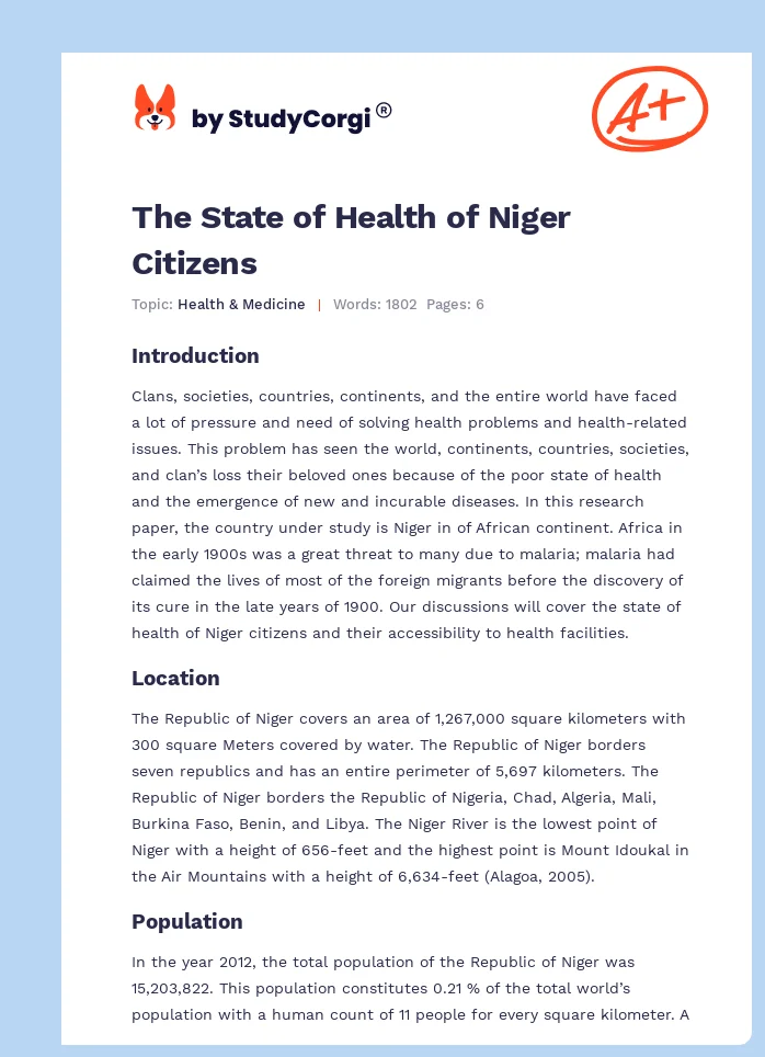 The State of Health of Niger Citizens. Page 1