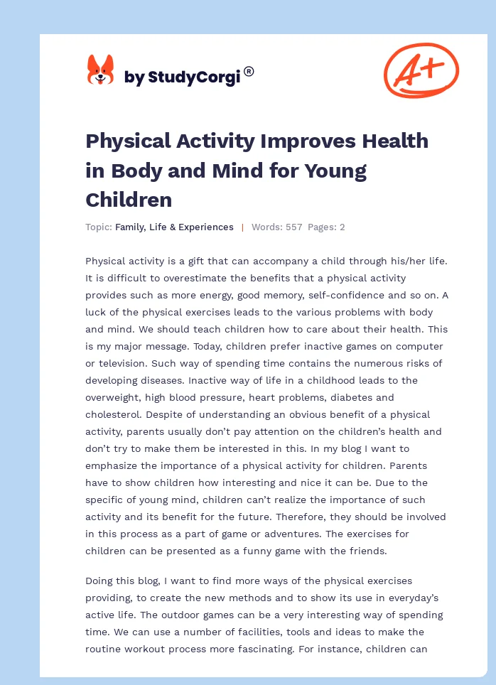 Physical Activity Improves Health in Body and Mind for Young Children. Page 1