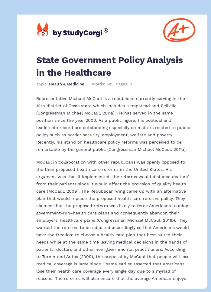 State Government Policy Analysis in the Healthcare. Page 1