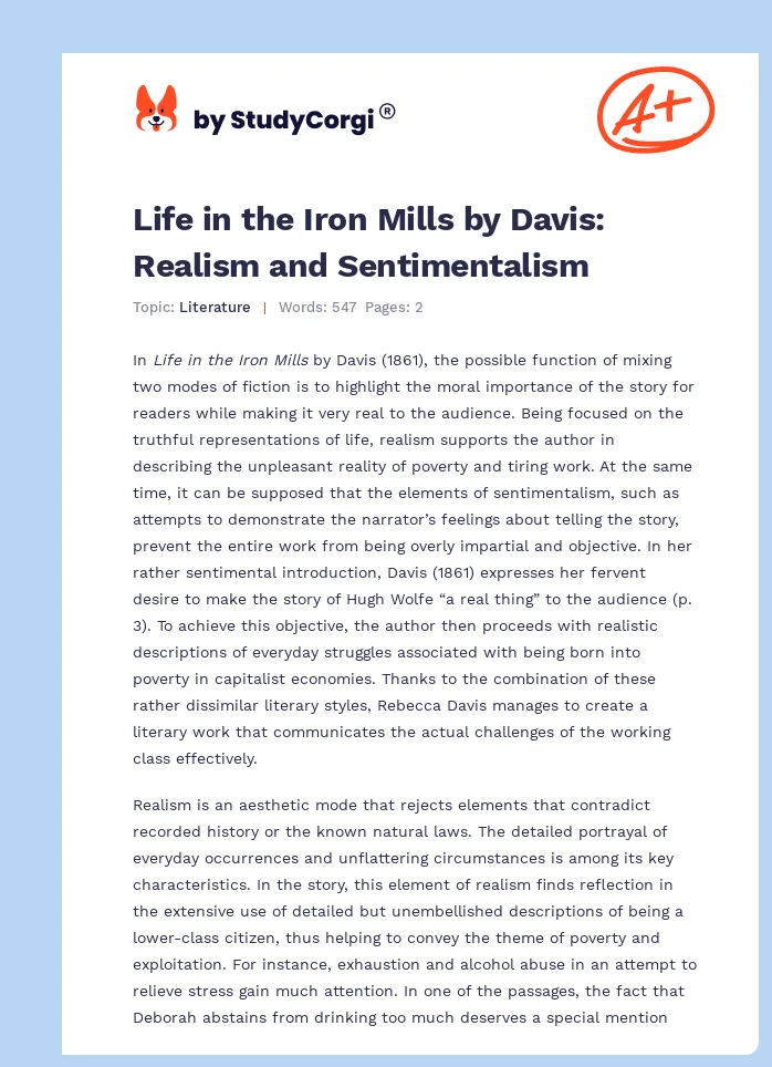 Life in the Iron Mills by Davis: Realism and Sentimentalism. Page 1
