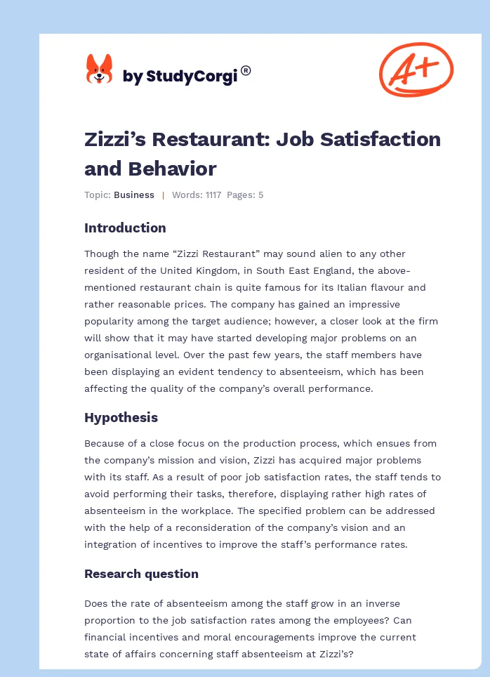 Zizzi’s Restaurant: Job Satisfaction and Behavior. Page 1
