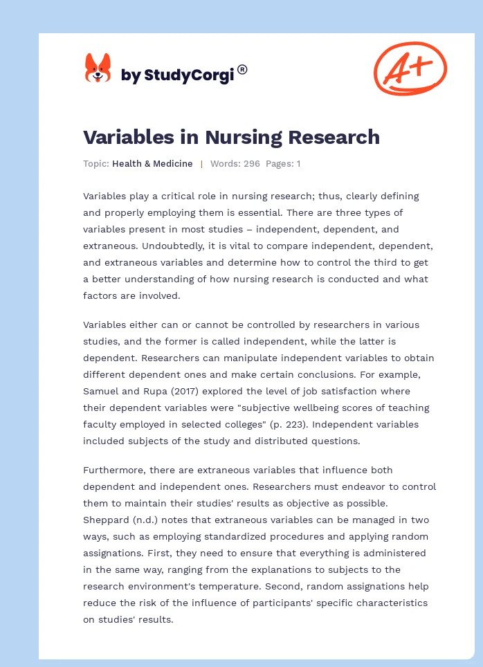Variables in Nursing Research. Page 1