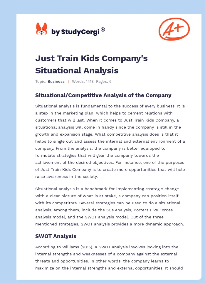 Just Train Kids Company's Situational Analysis. Page 1