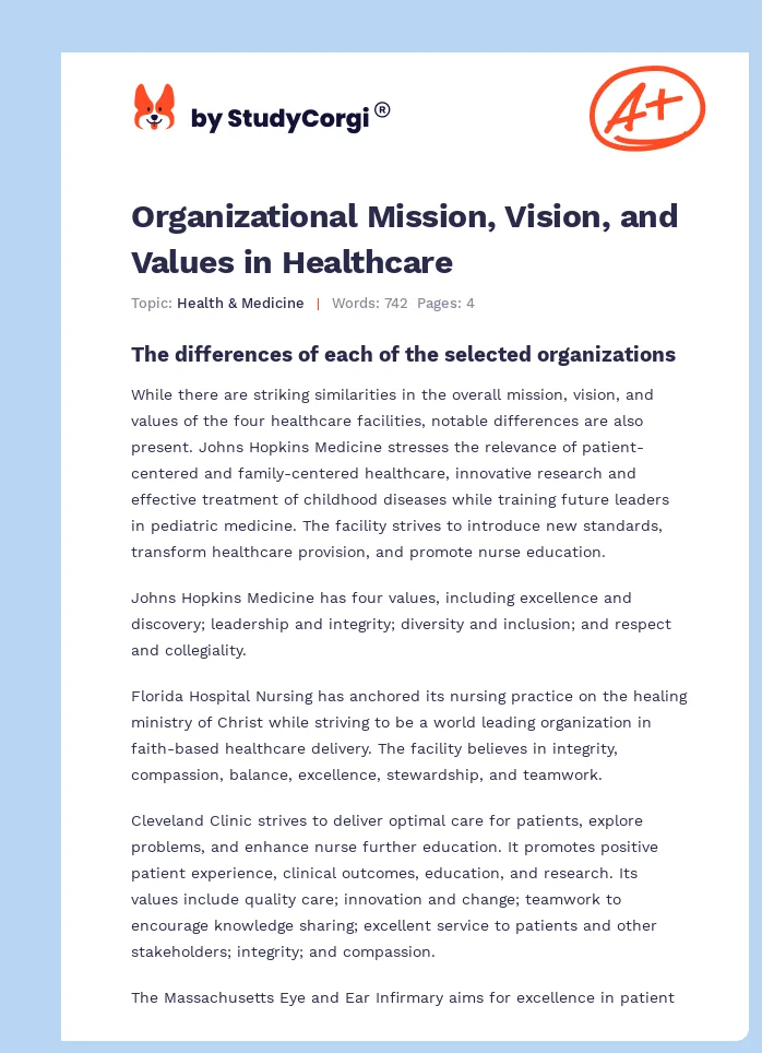 Organizational Mission, Vision, and Values in Healthcare. Page 1