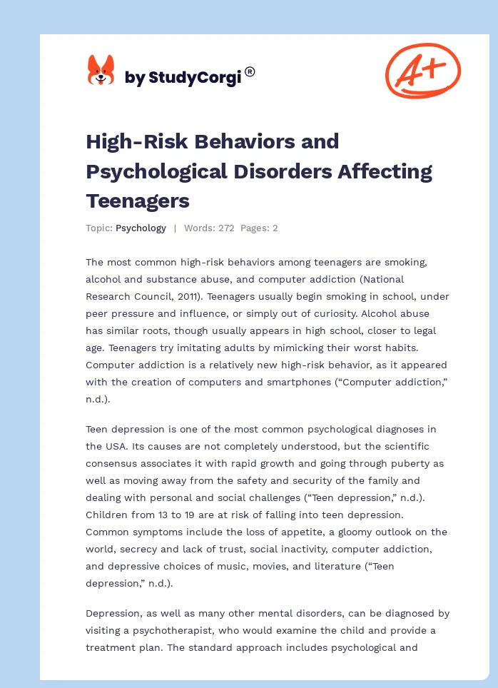 High-Risk Behaviors and Psychological Disorders Affecting Teenagers. Page 1