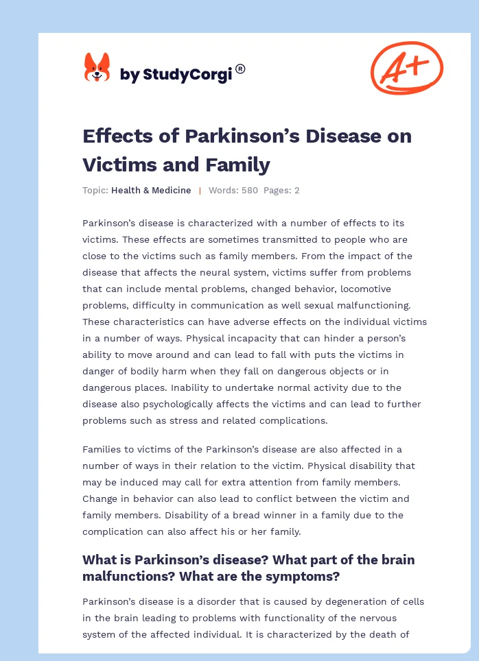 Effects of Parkinson’s Disease on Victims and Family. Page 1