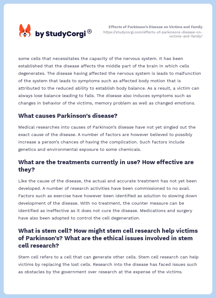 Effects of Parkinson’s Disease on Victims and Family. Page 2