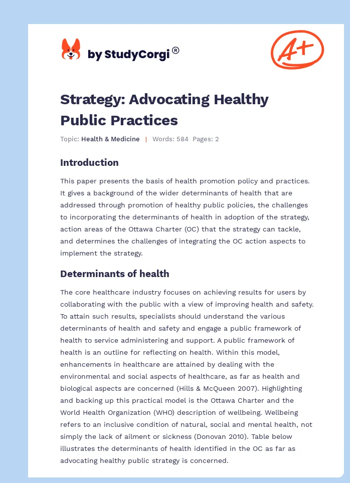 Strategy: Advocating Healthy Public Practices. Page 1