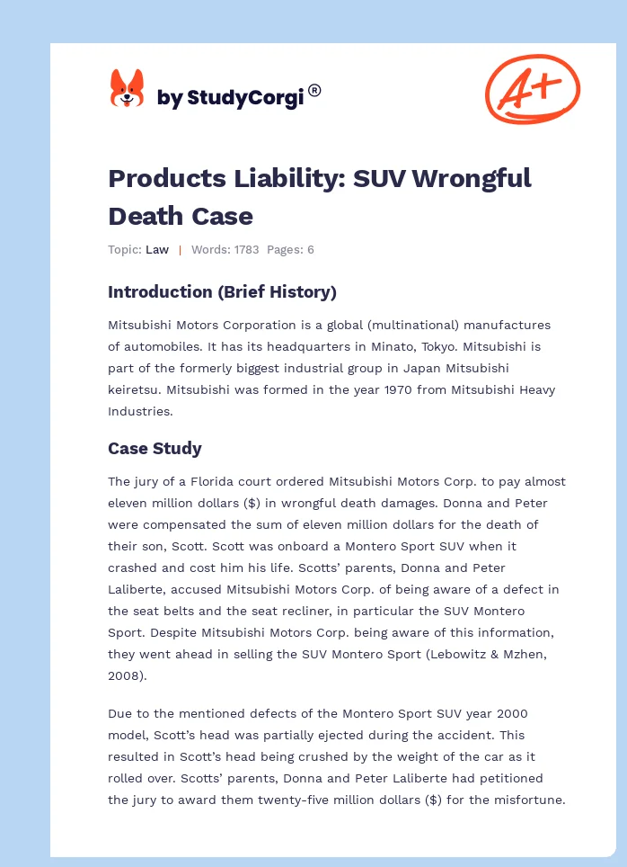 Products Liability: SUV Wrongful Death Case. Page 1
