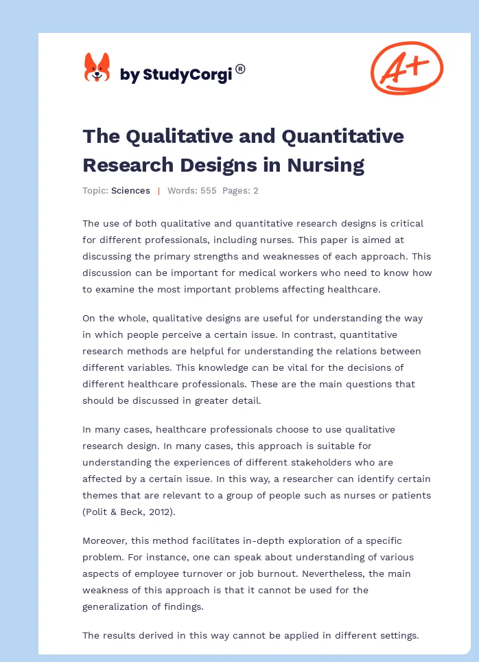 The Qualitative and Quantitative Research Designs in Nursing. Page 1