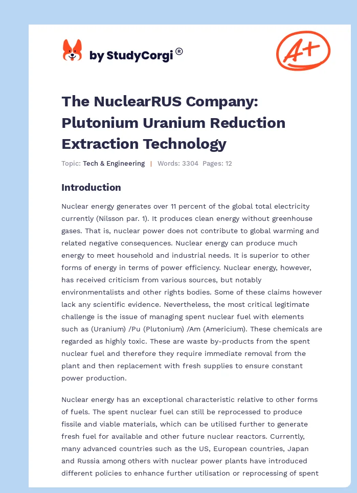 The NuclearRUS Company: Plutonium Uranium Reduction Extraction Technology. Page 1