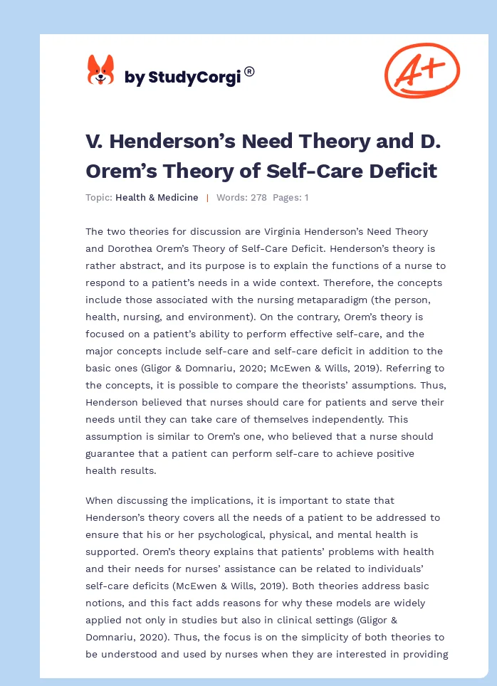 V. Henderson’s Need Theory and D. Orem’s Theory of Self-Care Deficit. Page 1