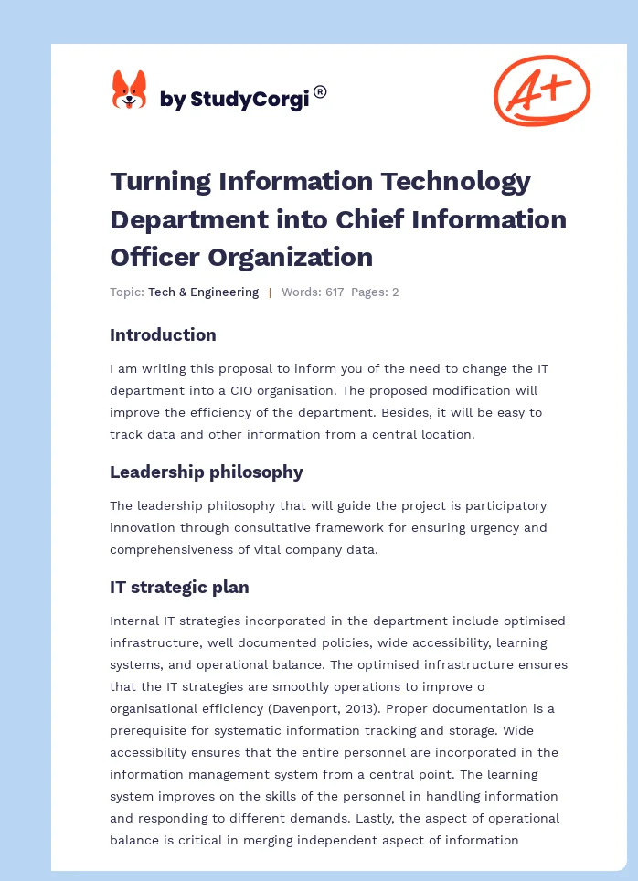 Turning Information Technology Department into Chief Information Officer Organization. Page 1
