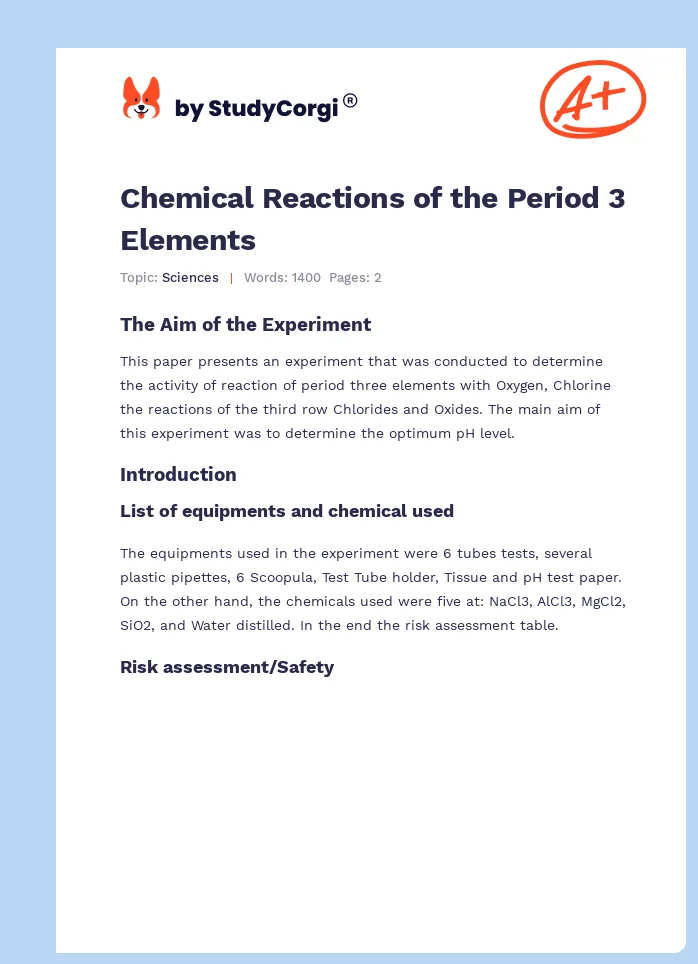 Chemical Reactions of the Period 3 Elements. Page 1