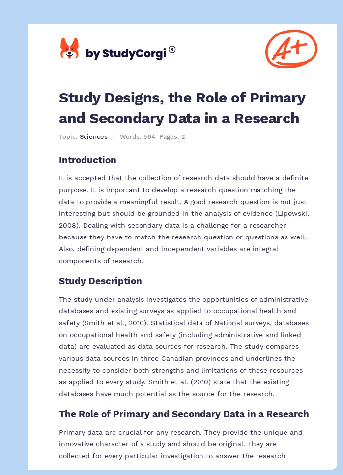 Study Designs, the Role of Primary and Secondary Data in a Research. Page 1