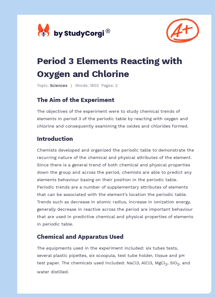 Period 3 Elements Reacting with Oxygen and Chlorine. Page 1
