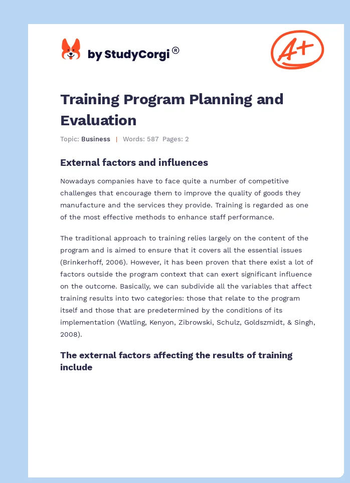Training Program Planning and Evaluation. Page 1