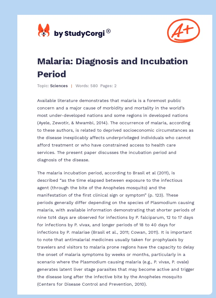 Malaria: Diagnosis and Incubation Period. Page 1
