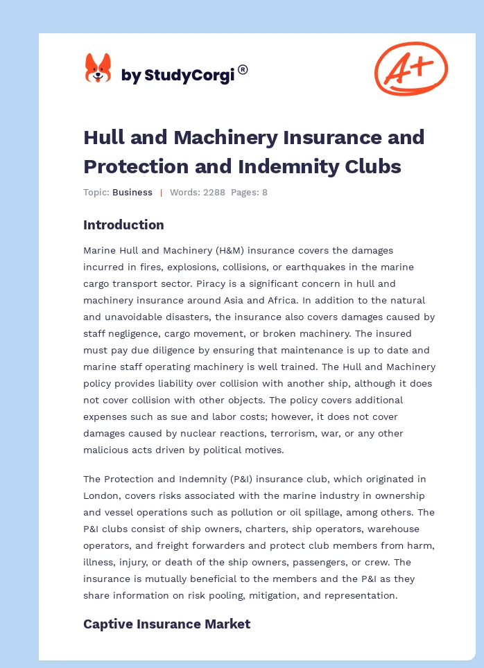 Hull and Machinery Insurance and Protection and Indemnity Clubs. Page 1