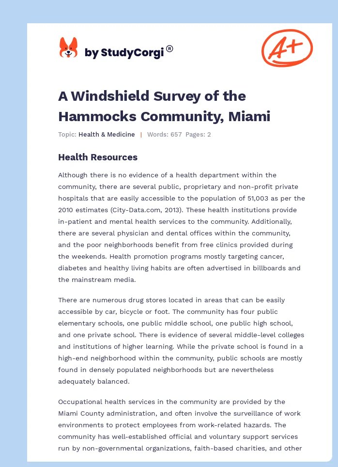 A Windshield Survey of the Hammocks Community, Miami. Page 1