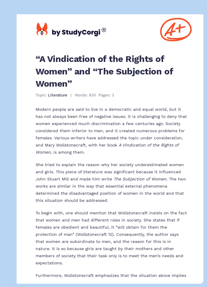 “A Vindication of the Rights of Women” and “The Subjection of Women”. Page 1