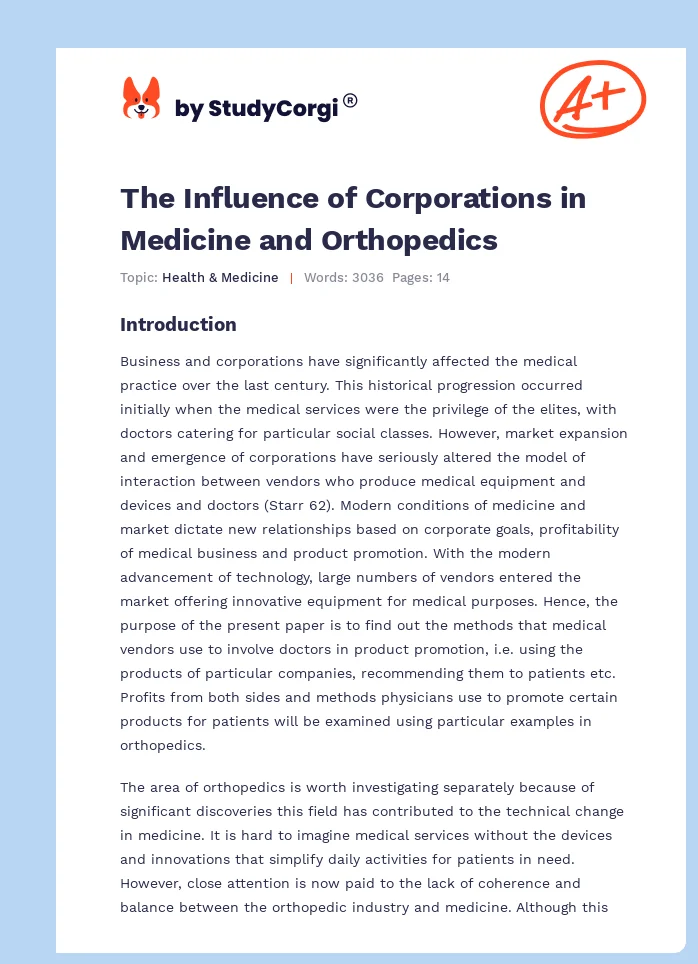 The Influence of Corporations in Medicine and Orthopedics. Page 1