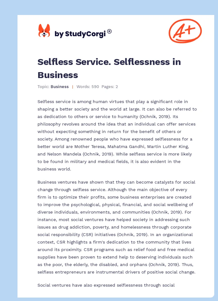 Selfless Service. Selflessness in Business. Page 1