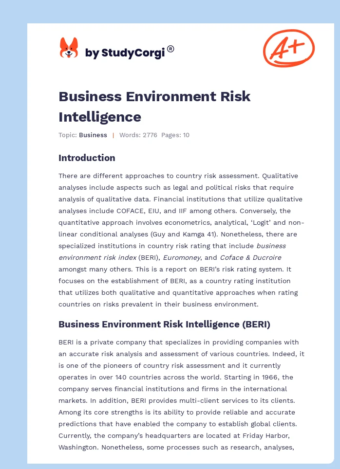 Business Environment Risk Intelligence. Page 1