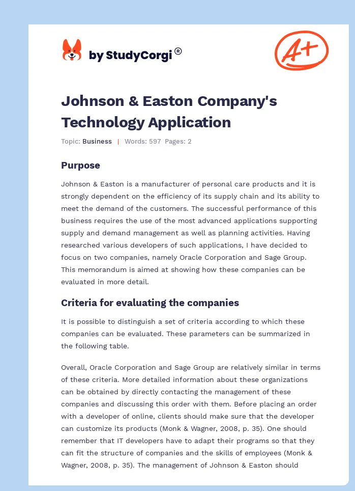Johnson & Easton Company's Technology Application. Page 1