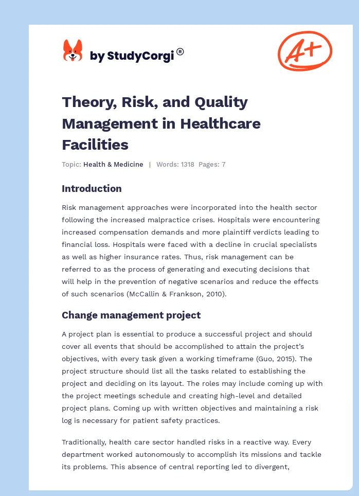 Theory, Risk, and Quality Management in Healthcare Facilities. Page 1