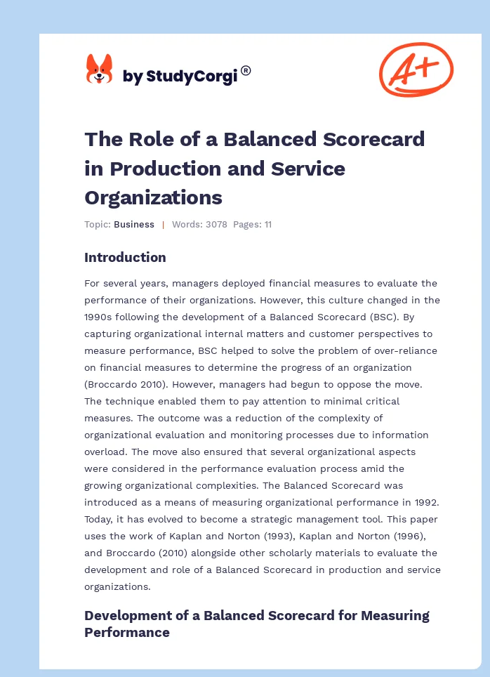 The Role of a Balanced Scorecard in Production and Service Organizations. Page 1