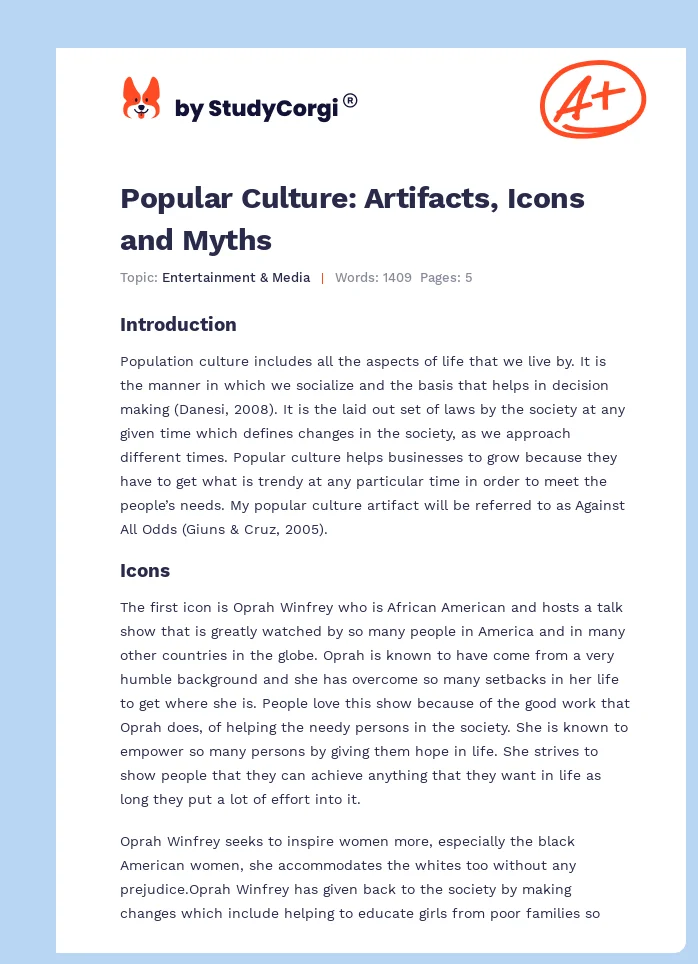 Popular Culture: Artifacts, Icons and Myths. Page 1