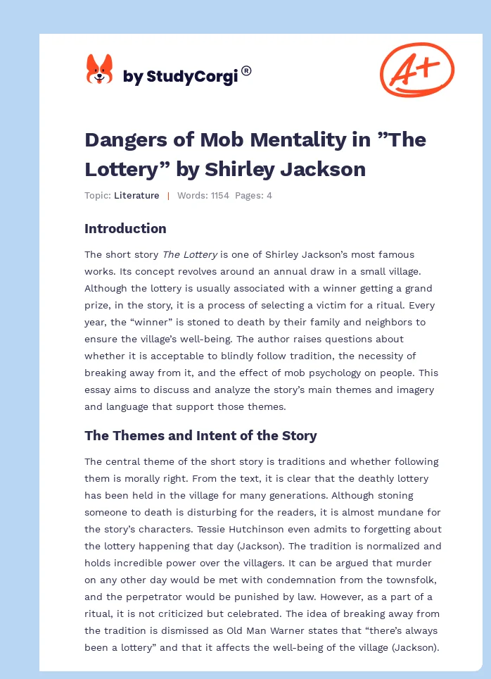 Dangers of Mob Mentality in ”The Lottery” by Shirley Jackson. Page 1