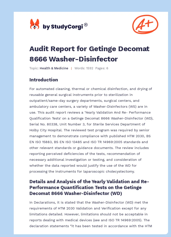 Audit Report for Getinge Decomat 8666 Washer-Disinfector. Page 1