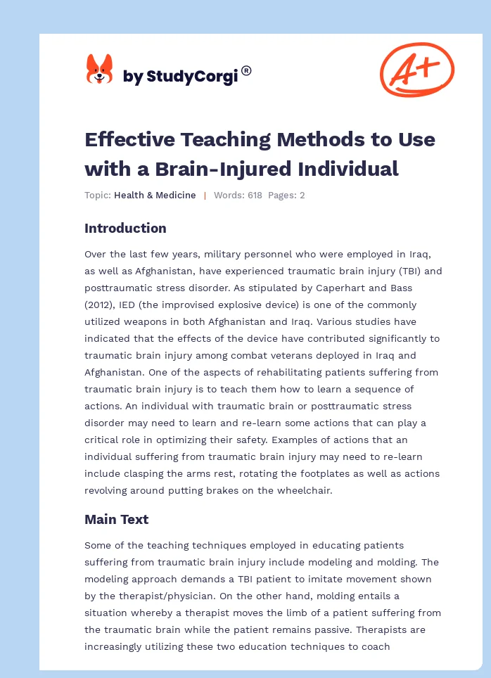 Effective Teaching Methods to Use with a Brain-Injured Individual. Page 1