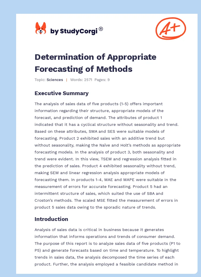 Determination of Appropriate Forecasting of Methods. Page 1