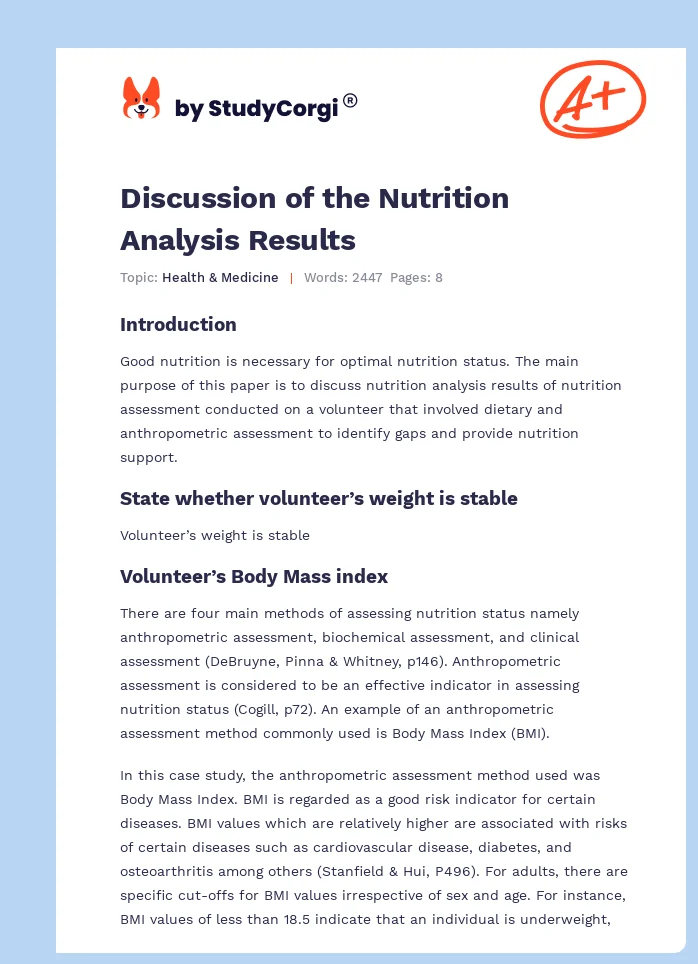 Discussion of the Nutrition Analysis Results. Page 1