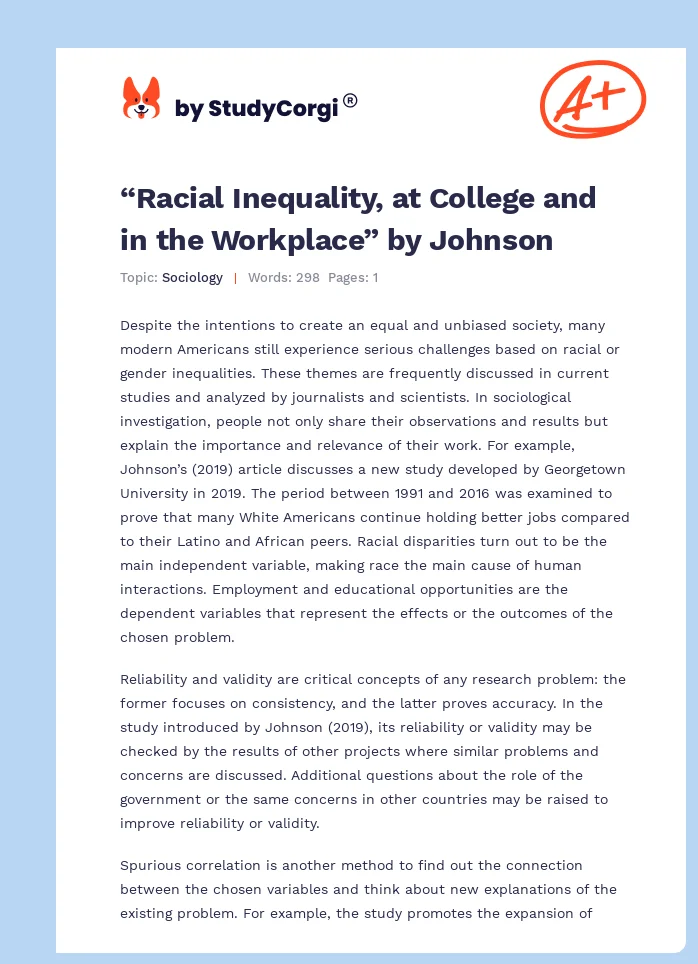 “Racial Inequality, at College and in the Workplace” by Johnson. Page 1