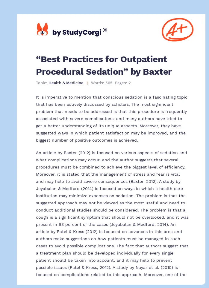 “Best Practices for Outpatient Procedural Sedation” by Baxter. Page 1