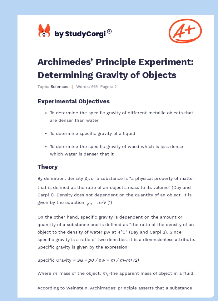 Archimedes’ Principle Experiment: Determining Gravity of Objects. Page 1