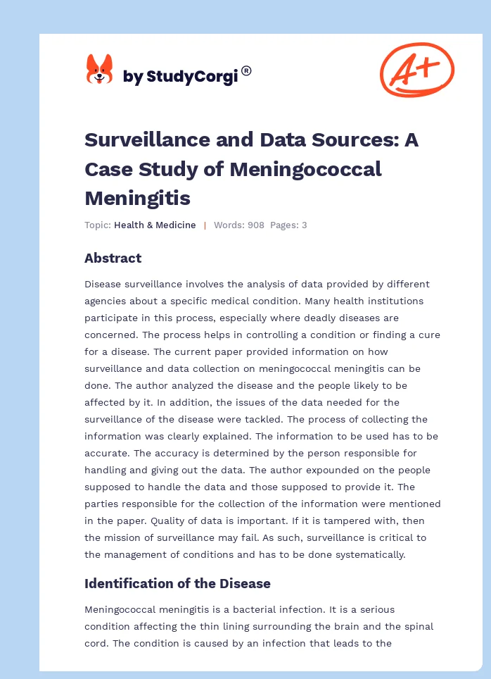 Surveillance and Data Sources: A Case Study of Meningococcal Meningitis. Page 1