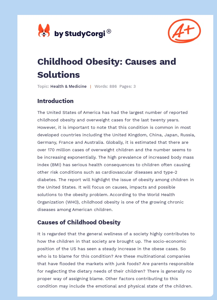 Childhood Obesity: Causes and Solutions. Page 1