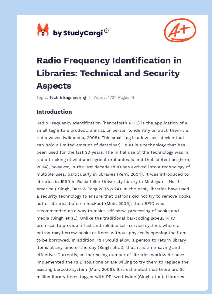 Radio Frequency Identification in Libraries: Technical and Security Aspects. Page 1