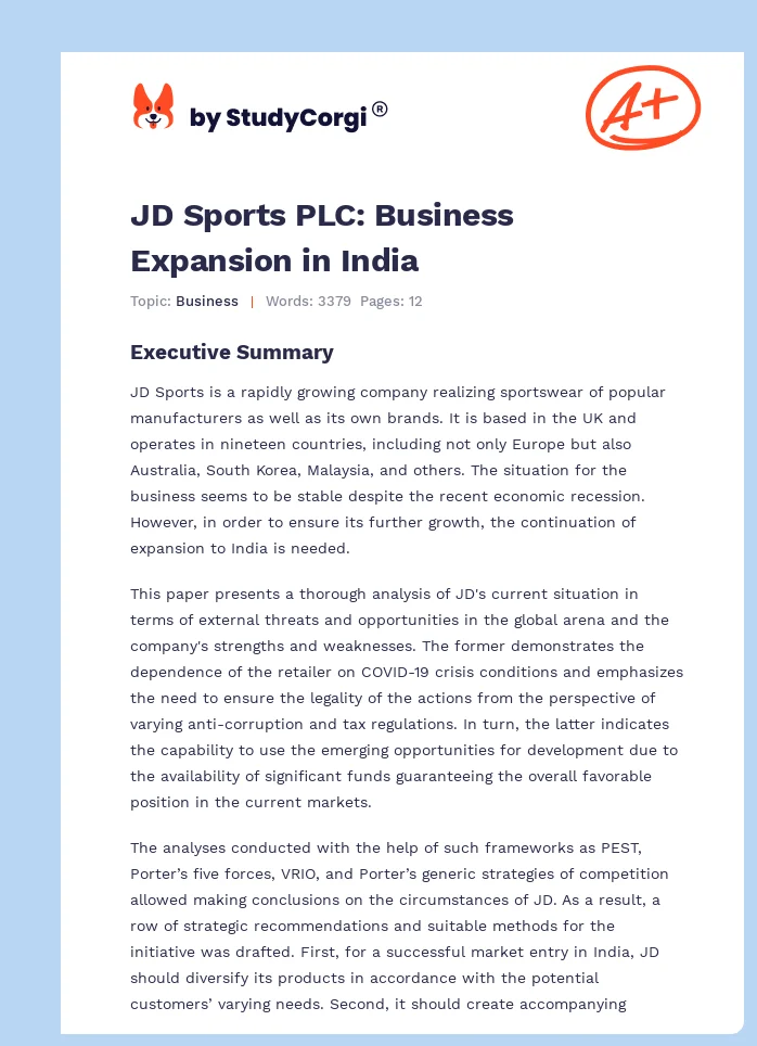 JD Sports PLC: Business Expansion in India. Page 1