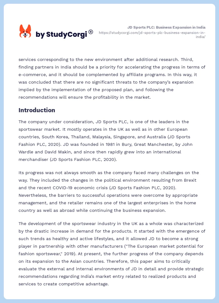 JD Sports PLC: Business Expansion in India. Page 2