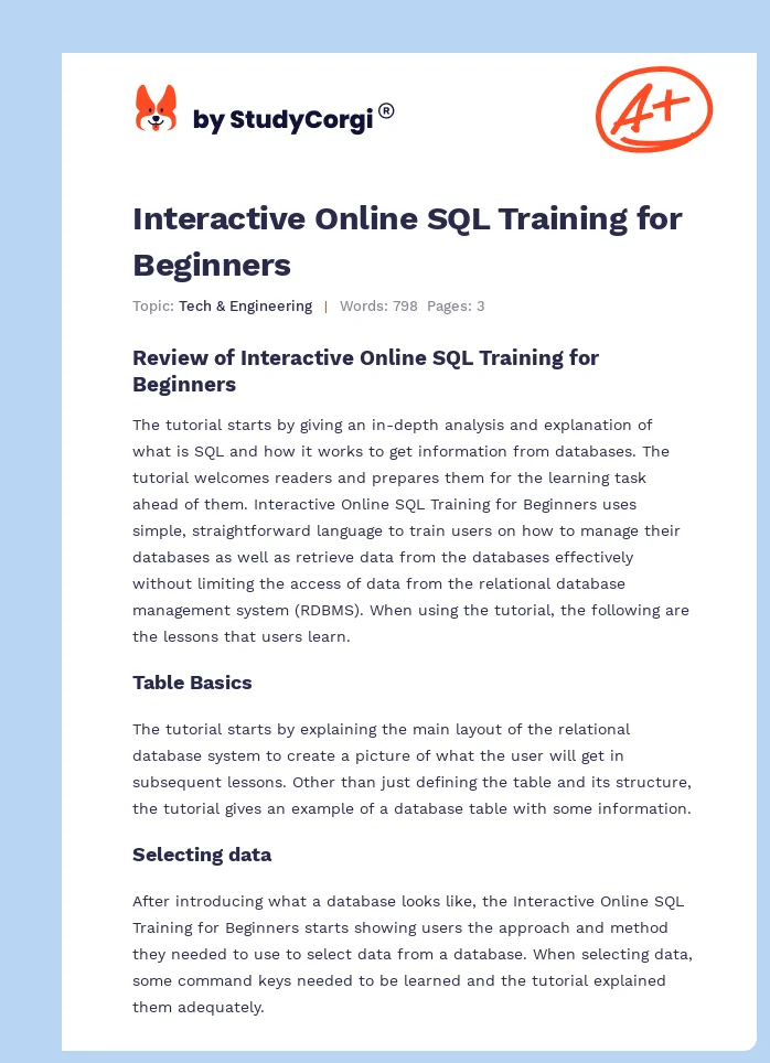 Interactive Online SQL Training for Beginners. Page 1