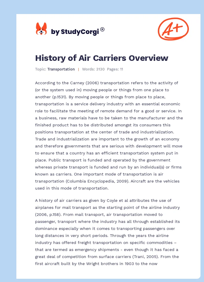 History of Air Carriers Overview. Page 1